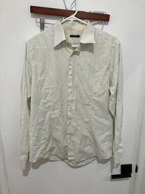 Sisley Cream Pinstripe Button Up Shirt Men Classic Spread Collar Size Large
